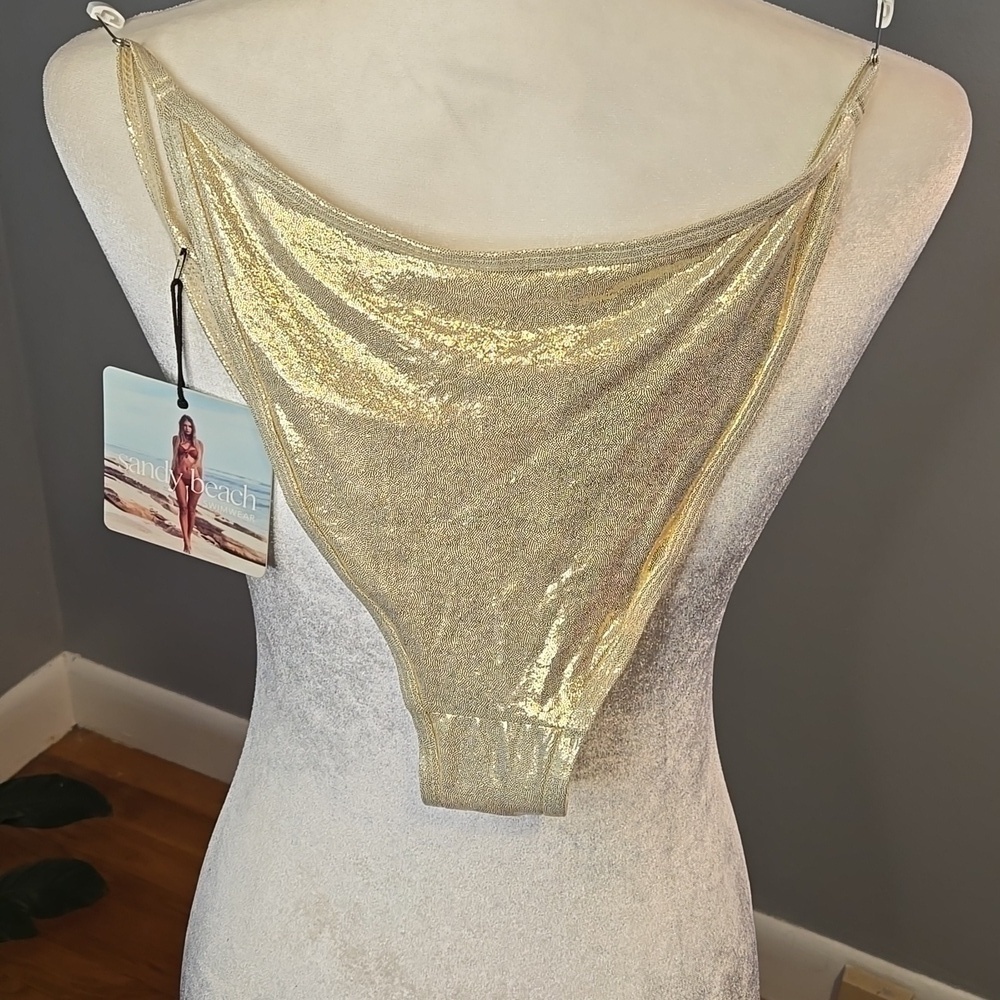 Sandy Beach Gold Stretchy String Bikini Bottom - Size L - Picture 3 of 7
